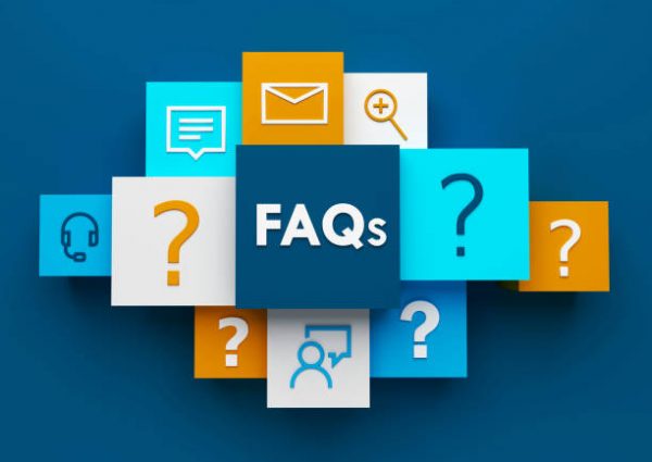 3D render of top view of FAQs business concept with symbols on colorful cubes on dark blue background